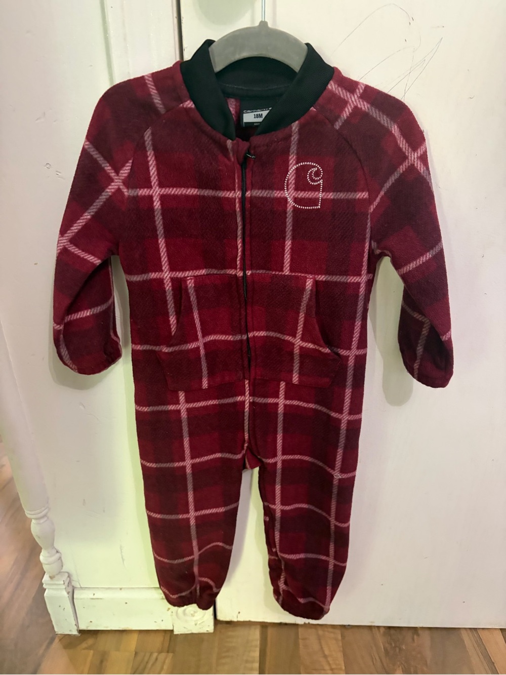 Carhartt Burgundy, White & Black Plaid Fleece Baby Zip Crescent Romper, 18m, EUC